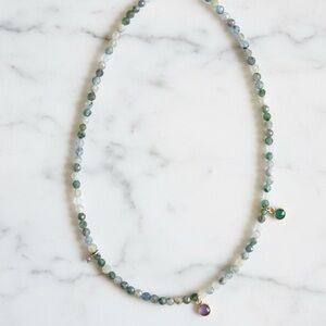 Kyanite choker necklace w/gold plated emerald, amethyst & tanzanite charms